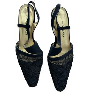 Ramon Tenza Black Lace Slingback Heels Women's Size 7.5B Evening Dress Shoes